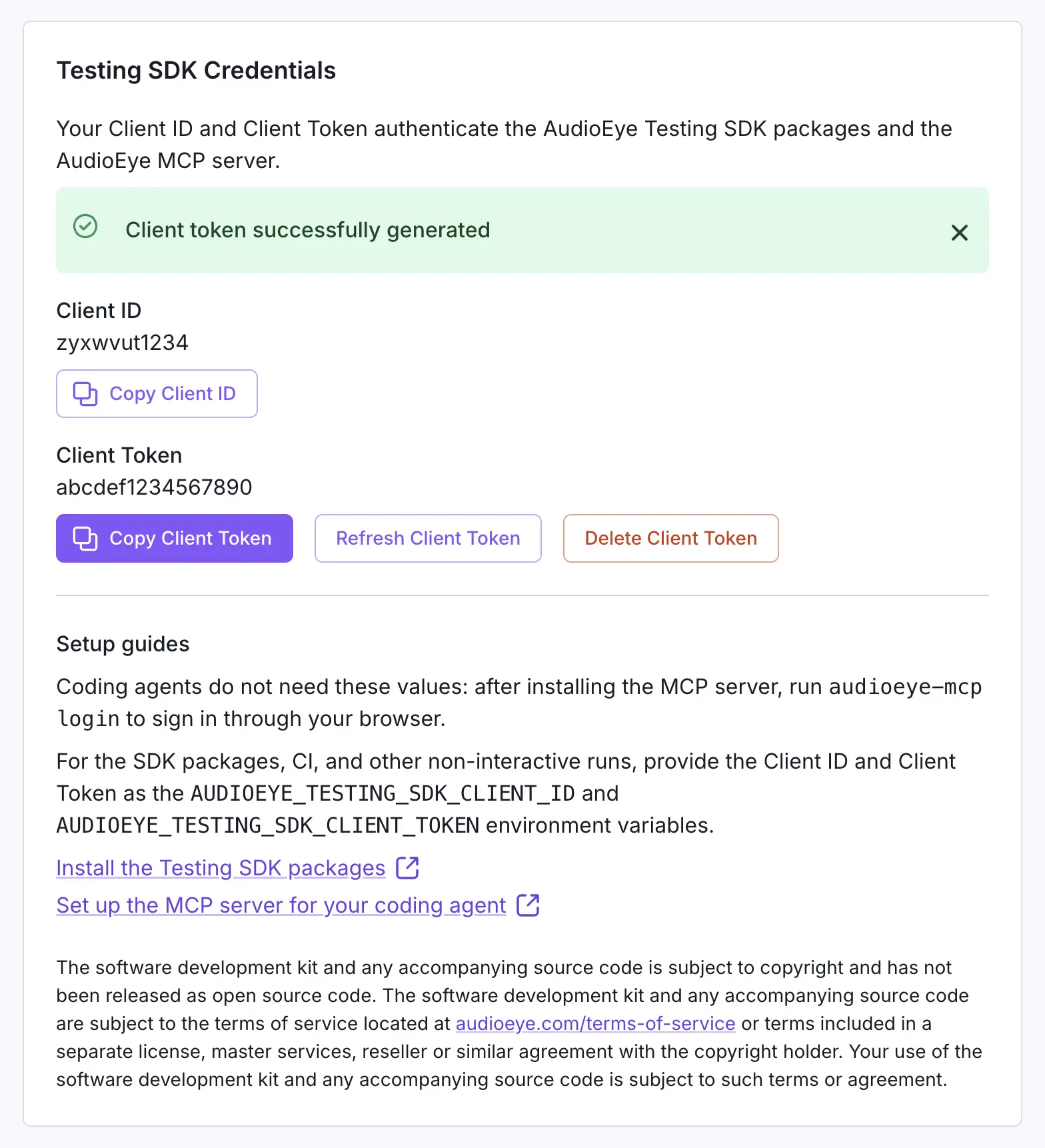 Testing SDK Credentials card after generating a token: a success notification, the Client ID and Client Token, and Copy Client ID, Copy Client Token, Refresh Client Token, and Delete Client Token buttons.