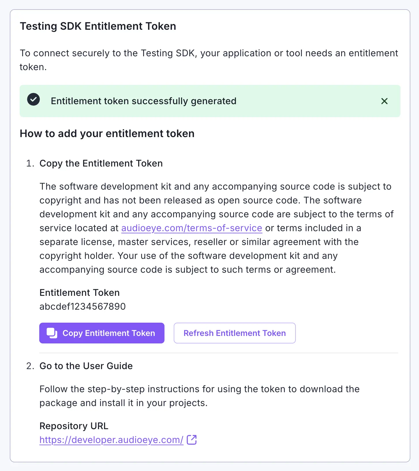 Screenshot of a portion of the My Account page on the AudioEye Customer Portal. The screenshot shows the Testing SDK Entitlement Token card after successfully creating an entitlement token. A successful notification is shown, information about the token is listed, and two buttons are present. The first button has the label "Copy Entitlement Token" and the second is labeled "Refresh Entitlement Token"