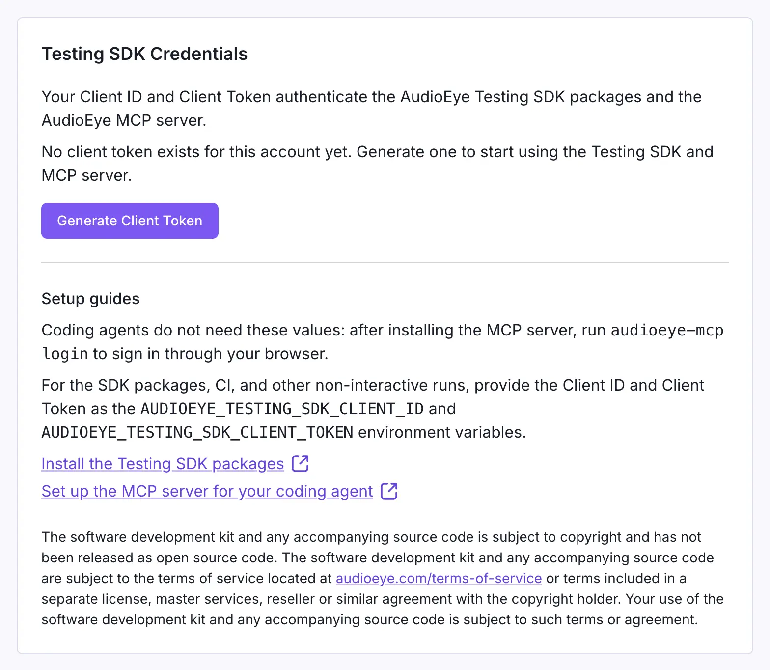 Testing SDK Credentials card with no token yet, showing the Generate Client Token button.