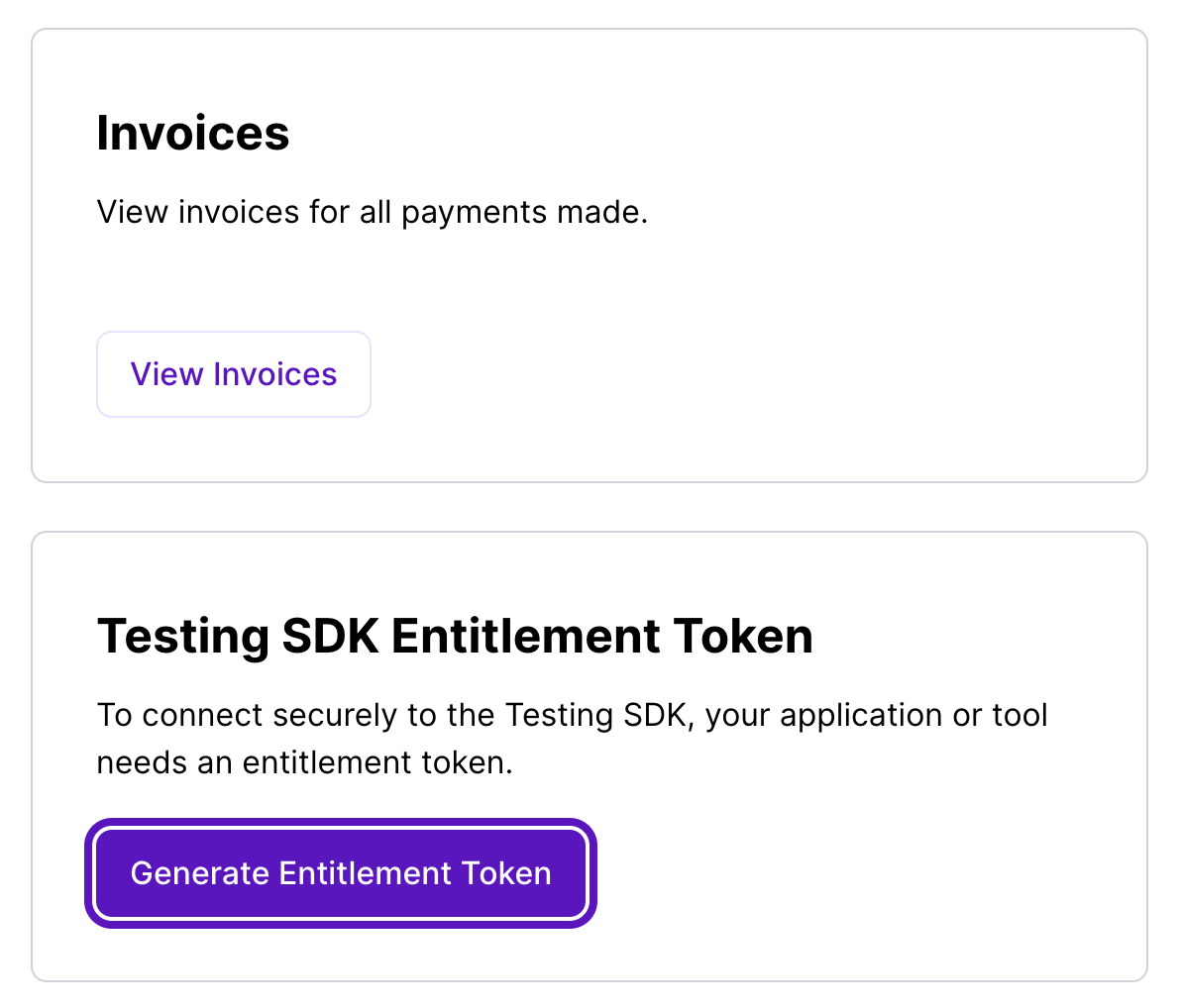 Screenshot of a portion of the My Account page on the AudioEye Customer Portal. The screenshot shows the Testing SDK Entitlement Token card and the Generate Entitlement Token button inside the card is highlighted.