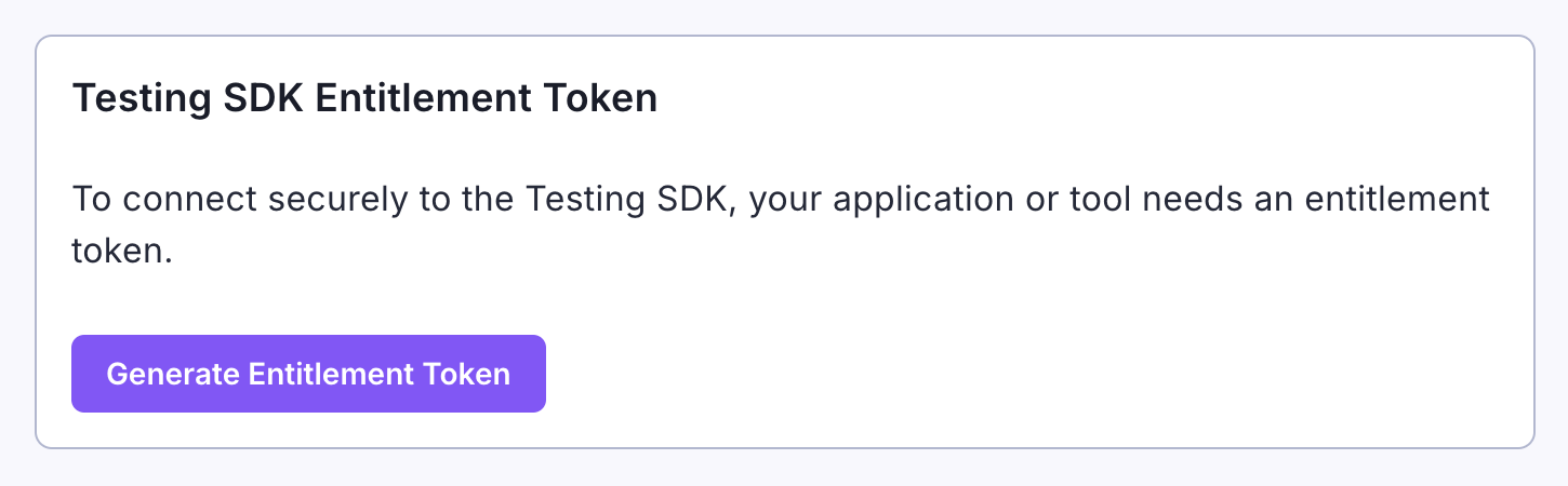 Screenshot of a portion of the My Account page on the AudioEye Customer Portal. The screenshot shows the Testing SDK Entitlement Token card and the Generate Entitlement Token button inside the card is highlighted.