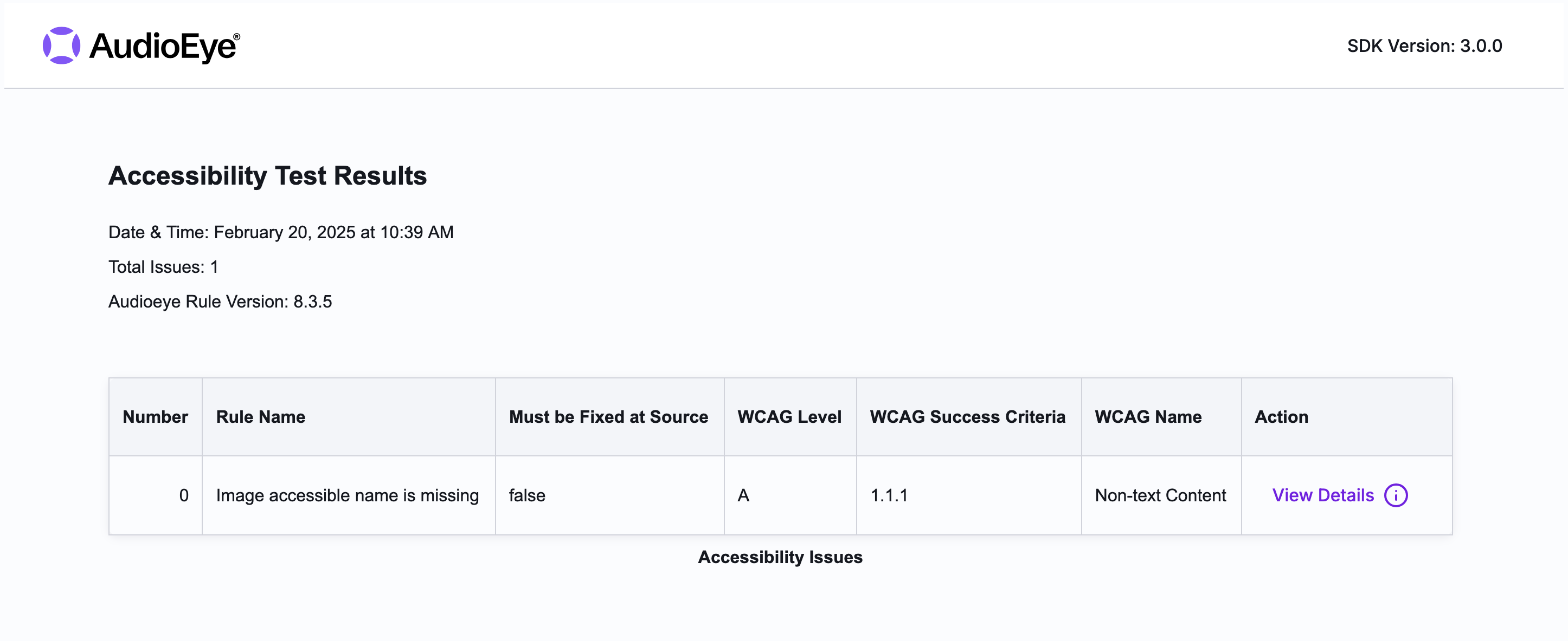 Screenshot of an Accessibility Testing SDK CLI report highlighting issues found on an example webpage. A table provides detailed information on issue type, WCAG level, WCAG number, and additional details.