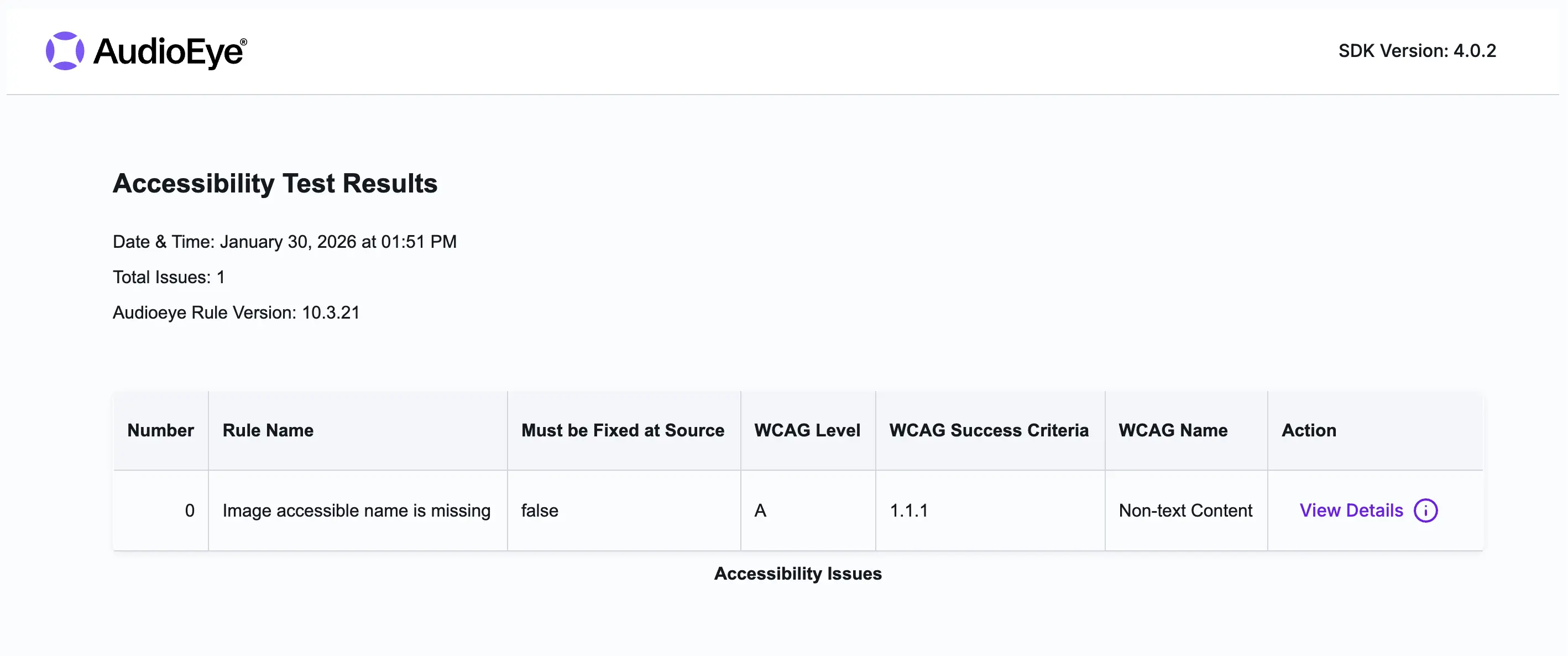 Screenshot of an Accessibility Testing SDK CLI report highlighting issues found on an example webpage. A table provides detailed information on issue type, WCAG level, WCAG number, and additional details.