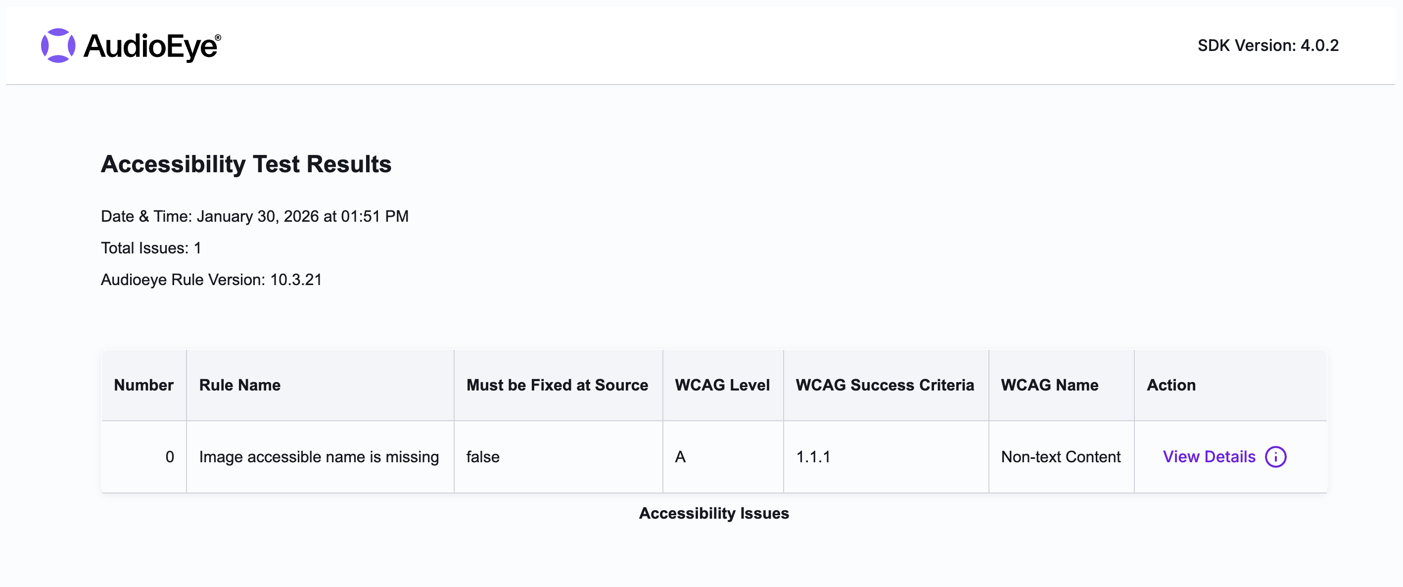 Screenshot of an Accessibility Testing SDK CLI report highlighting issues found on an example webpage. A table provides detailed information on issue type, WCAG level, WCAG number, and additional details.