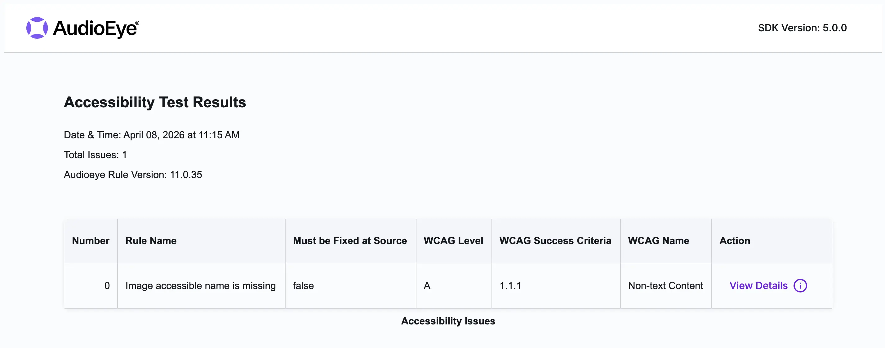 Screenshot of an Accessibility Testing SDK CLI report highlighting issues found on an example webpage. A table provides detailed information on issue type, WCAG level, WCAG number, and additional details.