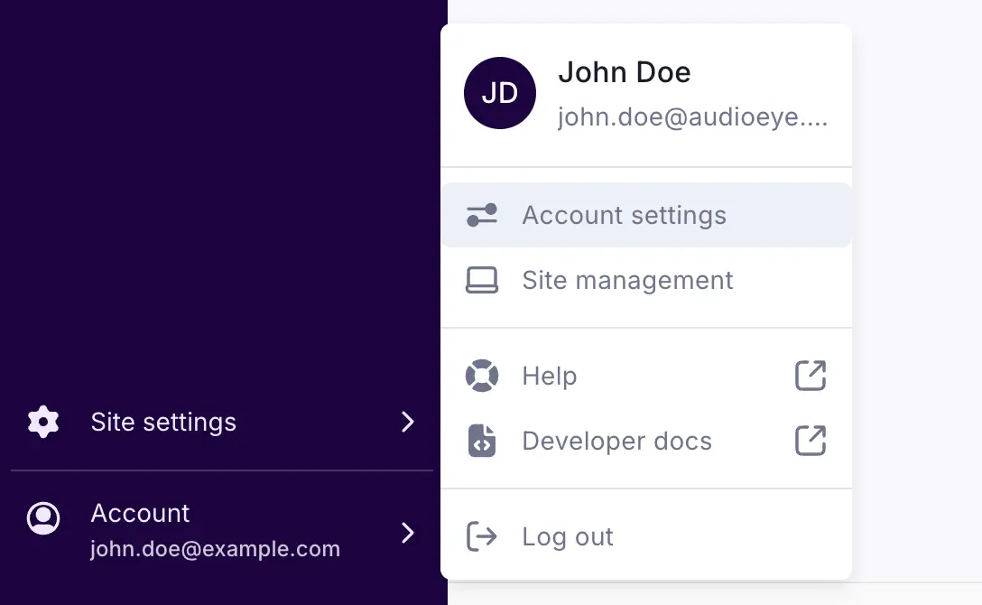 Screenshot of a portion of the AudioEye Customer Portal. The dropdown list attached to the customer name is open and "My Account" is highlighted.