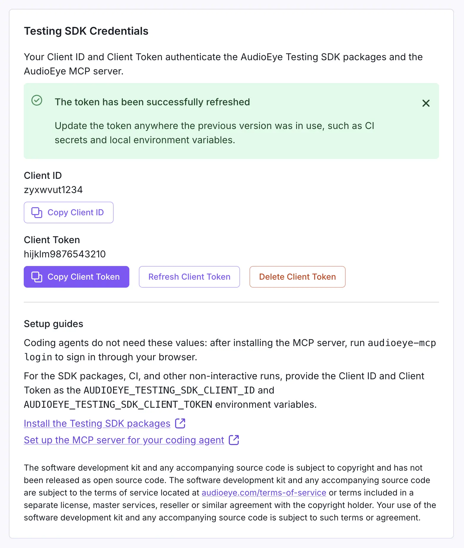 Testing SDK Credentials card after refreshing the token: a success notification, the Client ID and new Client Token, and Copy Client ID, Copy Client Token, Refresh Client Token, and Delete Client Token buttons.